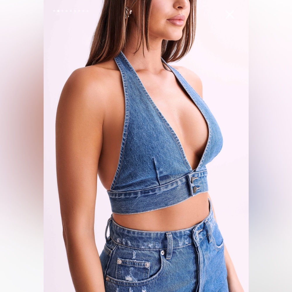 MESHKI denim halter top - denim blue
